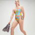 Maillot de bain Natation Speedo Femme de Allover Digital V-Back Bleu/Coral